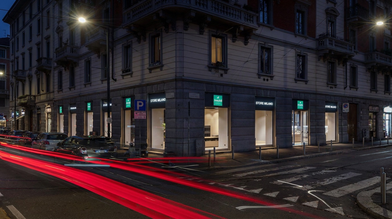Le vetrine illuminate dello store di Milano all'angolo del palazzo, di sera